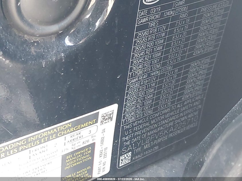 2019 Land rover Range rover velar VIN SALYL2FV5KA225710 IAAI salvage auction — WATER/FLOOD, Clear (New York), sold $2,050 on 2026-07-29 (photo 9)