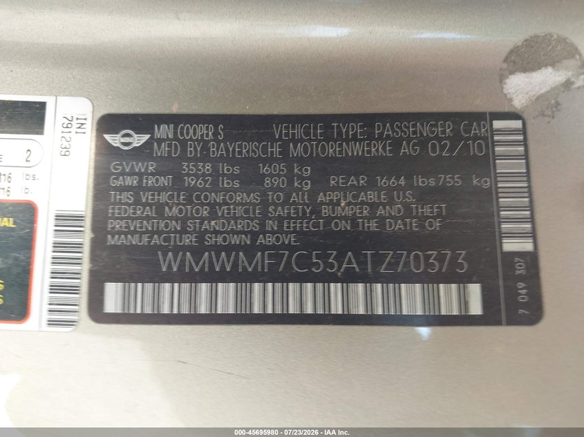 2010 Mini Cooper VIN WMWMF7C53ATZ70373 IAAI salvage auction — NORMAL WEAR, Clear-Dealer Only (Arizona), sold $100 on 2026-07-30 (photo 9)