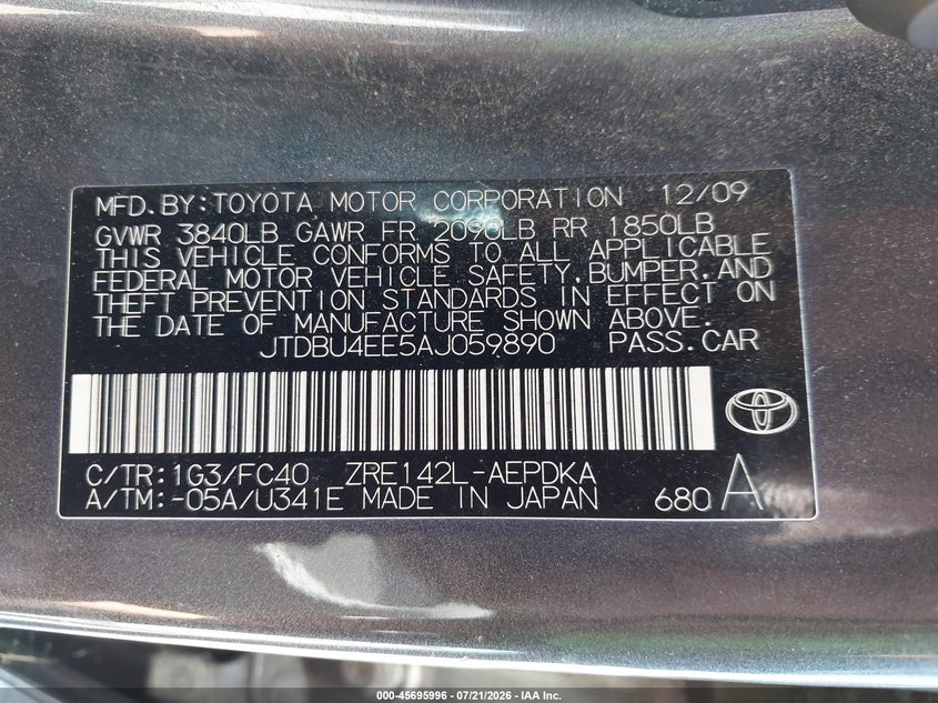 2010 Toyota Corolla VIN JTDBU4EE5AJ059890 IAAI salvage auction — NORMAL WEAR, Clear - Dealer Only (California), sold $25 on 2026-07-29 (photo 9)
