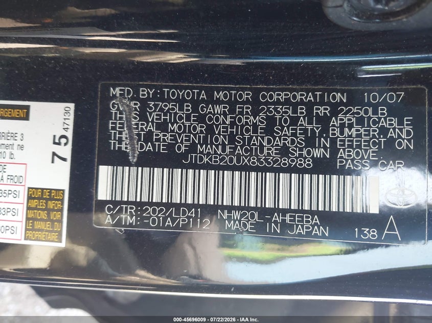 2008 Toyota Prius VIN JTDKB20UX83328988 IAAI salvage auction — NORMAL WEAR, Clear (Pennsylvania), sold $1,450 on 2026-07-24 (photo 9)