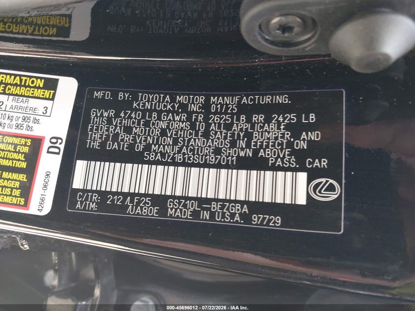 2025 Lexus ES VIN 58AJZ1B13SU197011 IAAI salvage auction — RIGHT SIDE, Salvage Title, sold $23,525 on 2026-08-26 (photo 9)