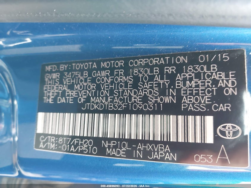 2015 Toyota Prius c VIN JTDKDTB32F1090311 IAAI salvage auction — NORMAL WEAR, Clear - Dealer Only (California), sold $25 on 2026-07-23 (photo 9)