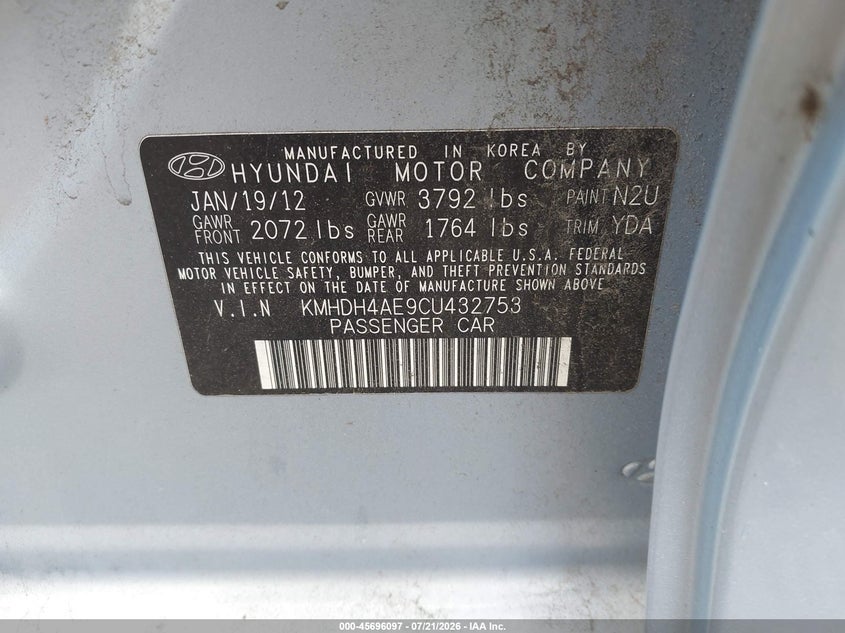 2012 Hyundai Elantra VIN KMHDH4AE9CU432753 IAAI salvage auction — NORMAL WEAR, Clear (Rhode Island), sold $1,450 on 2026-07-28 (photo 9)