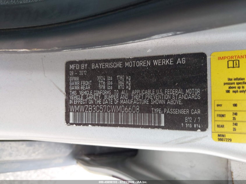 2012 Mini VIN WMWZB3C57CWM06608 IAAI salvage auction — NORMAL WEAR, Clear (Michigan), sold $25 on 2026-07-27 (photo 9)