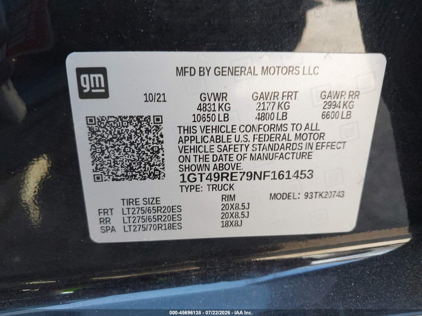2022 Gmc SIERRA VIN 1GT49RE79NF161453 IAAI salvage auction — FRONT END, Salvage (California), sold $13,100 on 2026-07-29 (photo 8)