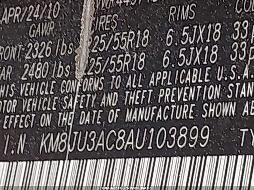2010 Hyundai Tucson VIN KM8JU3AC8AU103899 IAAI salvage auction — NORMAL WEAR, Clear (New York), sold $450 on 2026-07-28 (photo 9)