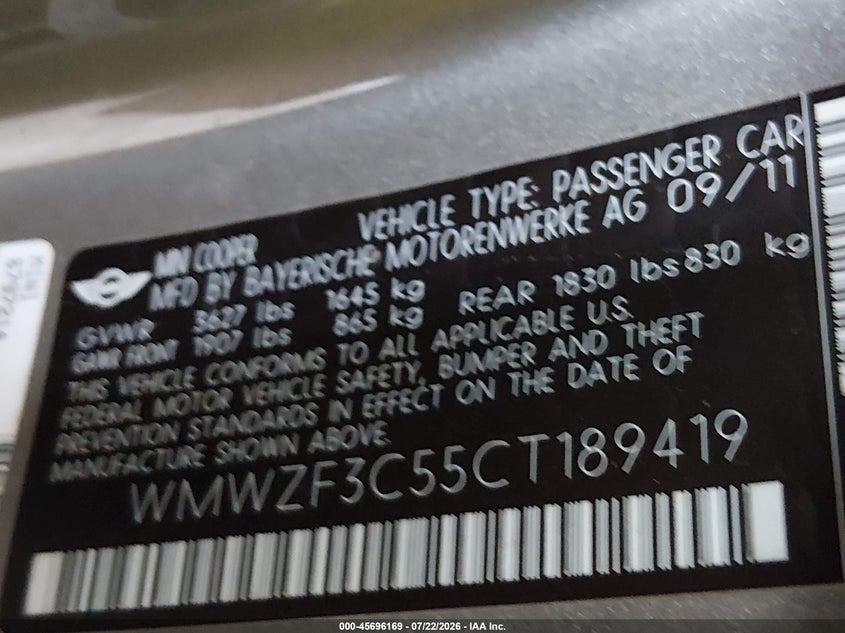 2012 Mini Cooper clubman VIN WMWZF3C55CT189419 IAAI salvage auction — NORMAL WEAR, Original (Texas), sold $600 on 2026-08-10 (photo 9)