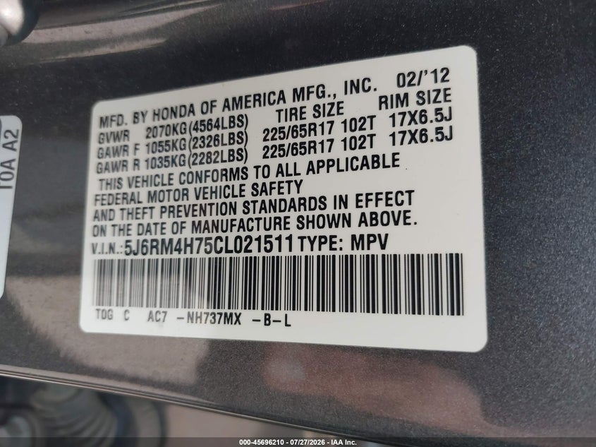 2012 Honda Cr-v VIN 5J6RM4H75CL021511 IAAI salvage auction — REAR END, Salvage (Virginia), sold $3,250 on 2026-08-01 (photo 9)