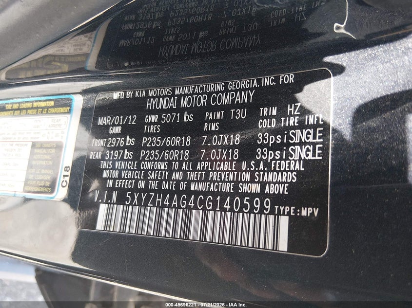 2012 Hyundai Santa fe VIN 5XYZH4AG4CG140599 IAAI salvage auction — NORMAL WEAR, Salvage Title, sold $1,000 on 2026-07-29 (photo 9)