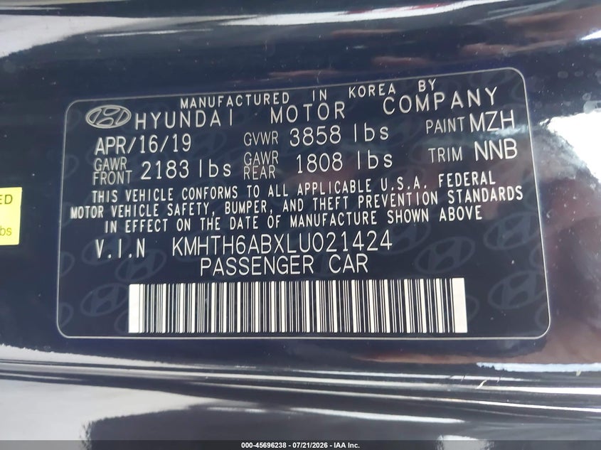 2020 Hyundai Veloster VIN KMHTH6ABXLU021424 IAAI salvage auction — NORMAL WEAR, Clear (Florida), sold $25 on 2026-07-28 (photo 9)
