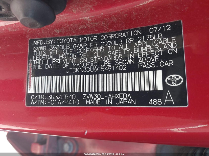 2012 Toyota Prius VIN JTDKN3DU6C5491402 IAAI salvage auction — NORMAL WEAR, Clear (Utah), sold $25 on 2026-07-30 (photo 9)