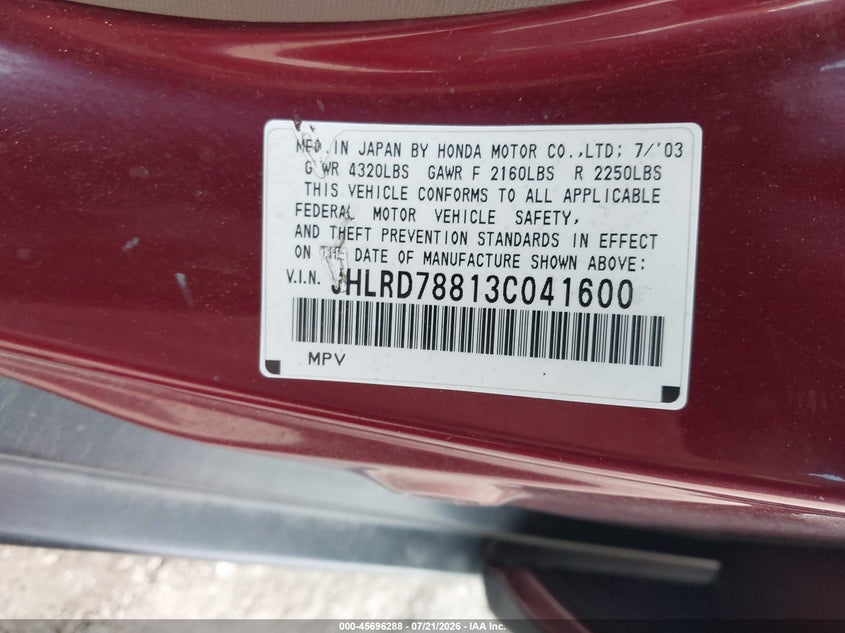 2003 Honda Cr-v VIN JHLRD78813C041600 IAAI salvage auction — NORMAL WEAR, Clear (Illinois), sold $25 on 2026-07-29 (photo 9)