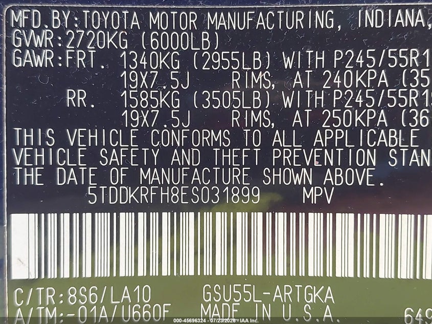 2014 Toyota Highlander VIN 5TDDKRFH8ES031899 IAAI salvage auction — FRONT END, Salvage - Greater Than 75% (Maryland), sold $7,600 on 2026-08-01 (photo 9)
