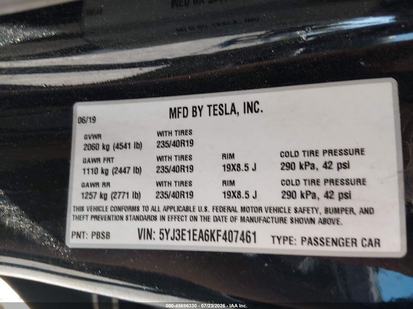 2019 Tesla Model 3 VIN 5YJ3E1EA6KF407461 IAAI salvage auction — REAR END, Salvage (Pennsylvania), sold $4,350 on 2026-08-02 (photo 9)