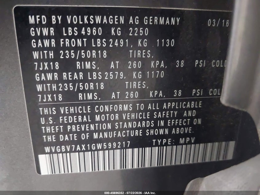 2016 Volkswagen Tiguan VIN WVGBV7AX1GW599217 IAAI salvage auction — FRONT END, Salvage Title, sold $3,400 on 2026-08-16 (photo 9)