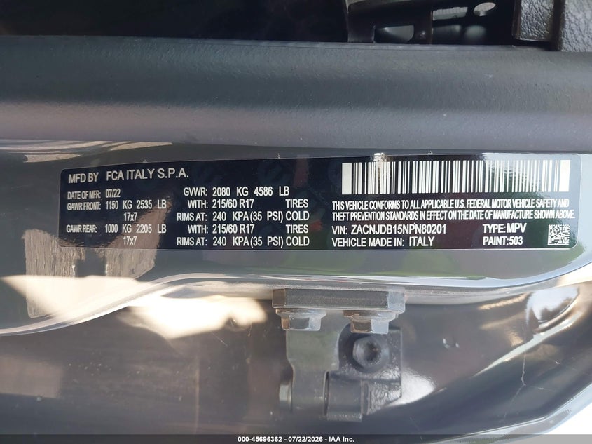 2022 Jeep Renegade VIN ZACNJDB15NPN80201 IAAI salvage auction — STRIPPED, Salvage (Oklahoma), sold $375 on 2026-07-30 (photo 9)