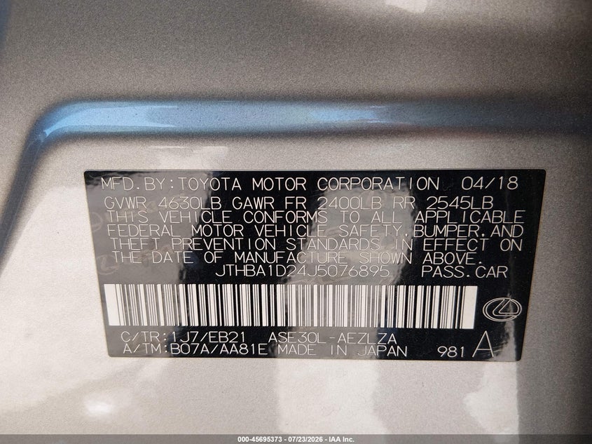 2018 Lexus Is VIN JTHBA1D24J5076895 IAAI salvage auction — RIGHT FRONT, Salvage (California), sold $4,600 on 2026-07-29 (photo 9)
