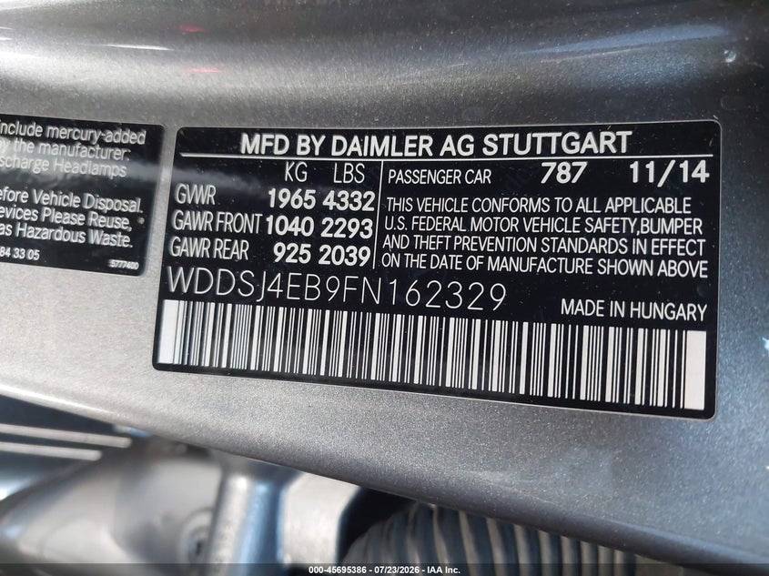 2015 Mercedes-benz Cla-klasse VIN WDDSJ4EB9FN162329 IAAI salvage auction — REAR END, Salvage Title, sold $2,325 on 2026-08-06 (photo 9)