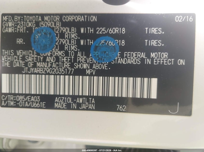 2016 Lexus Nx VIN JTJYARBZ9G2035177 IAAI salvage auction — FRONT END, Salvage (California), sold $5,100 on 2026-07-29 (photo 9)