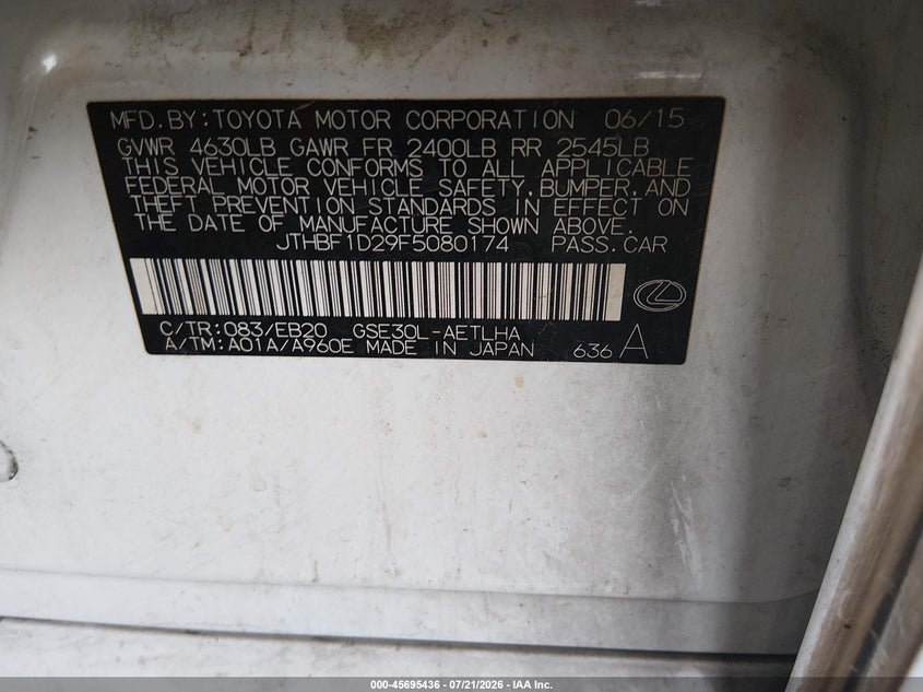 2015 Lexus Is VIN JTHBF1D29F5080174 IAAI salvage auction — NORMAL WEAR, Clear-Dealer Only (Arizona), sold $2,550 on 2026-07-28 (photo 9)