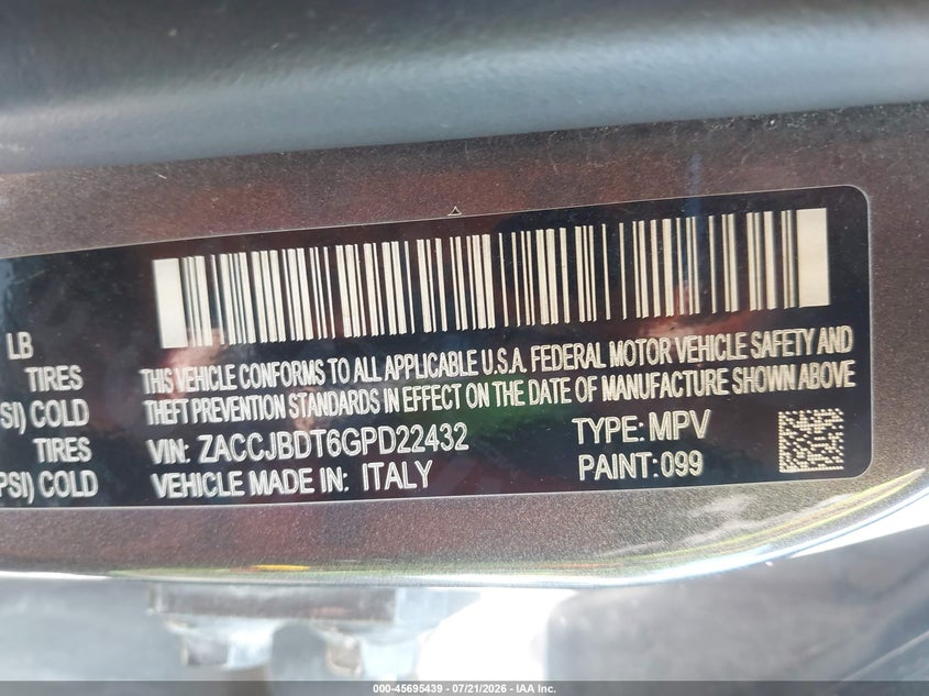 2016 Jeep Renegade VIN ZACCJBDT6GPD22432 IAAI salvage auction — NORMAL WEAR, Clear (Missouri), sold $675 on 2026-08-12 (photo 9)