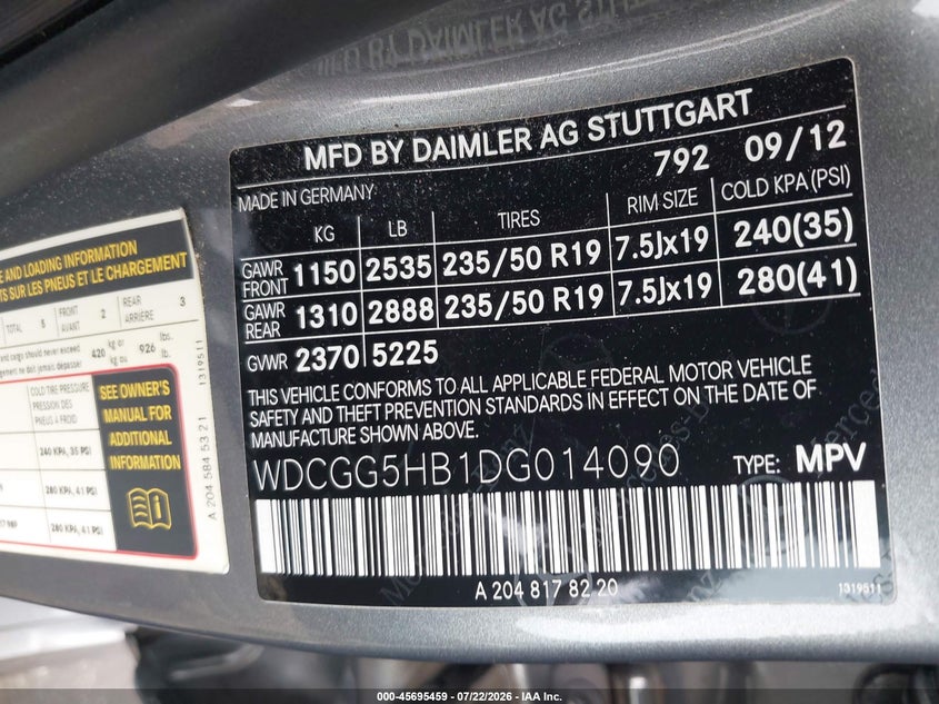 2013 Mercedes-benz Glk-klasse VIN WDCGG5HB1DG014090 IAAI salvage auction — FRONT END, Salvage Title, sold $3,700 on 2026-08-01 (photo 9)