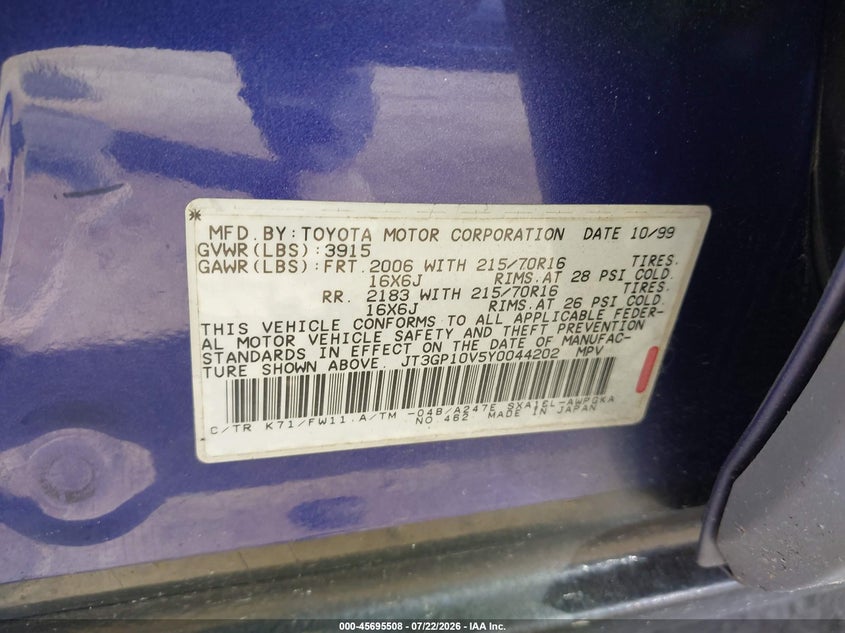 2000 Toyota Rav4 VIN JT3GP10V5Y0044202 IAAI salvage auction — REAR END, Bill Of Sale (Washington), sold $900 on 2026-08-01 (photo 9)