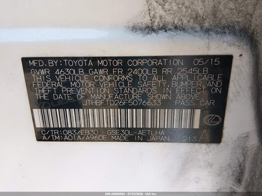 2015 Lexus Is VIN JTHBF1D26F5076633 IAAI salvage auction — NORMAL WEAR, Clear (Virginia), sold $2,050 on 2026-07-29 (photo 9)