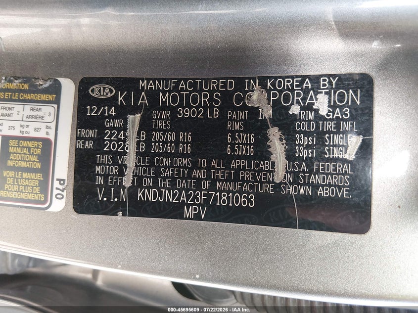 2015 Kia Soul VIN KNDJN2A23F7181063 IAAI salvage auction — NORMAL WEAR, Clear (Florida), sold $50 on 2026-07-28 (photo 9)