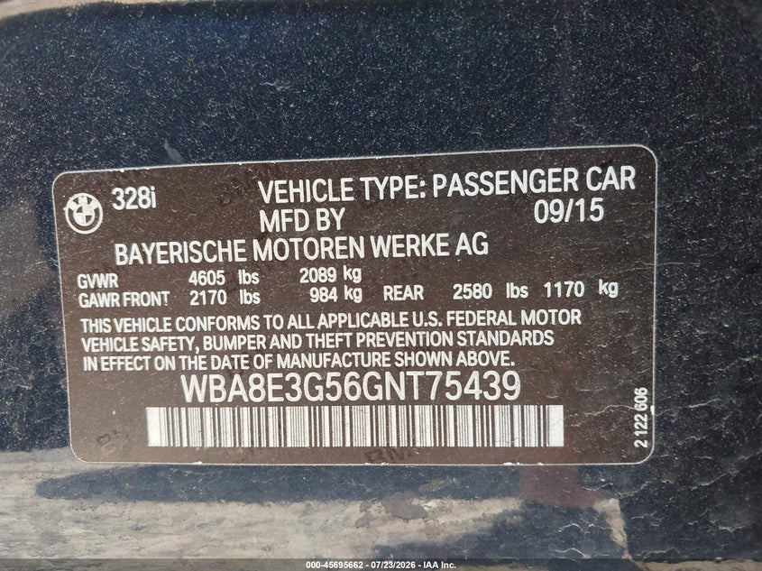 2016 BMW 3er VIN WBA8E3G56GNT75439 IAAI salvage auction — FRONT END, Wait Title, sold $125 on 2026-08-11 (photo 9)
