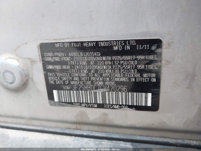 2012 Subaru Forester VIN JF2SHBDC7CH420296 IAAI salvage auction — NORMAL WEAR, Clear (North Carolina), sold $275 on 2026-07-31 (photo 9)