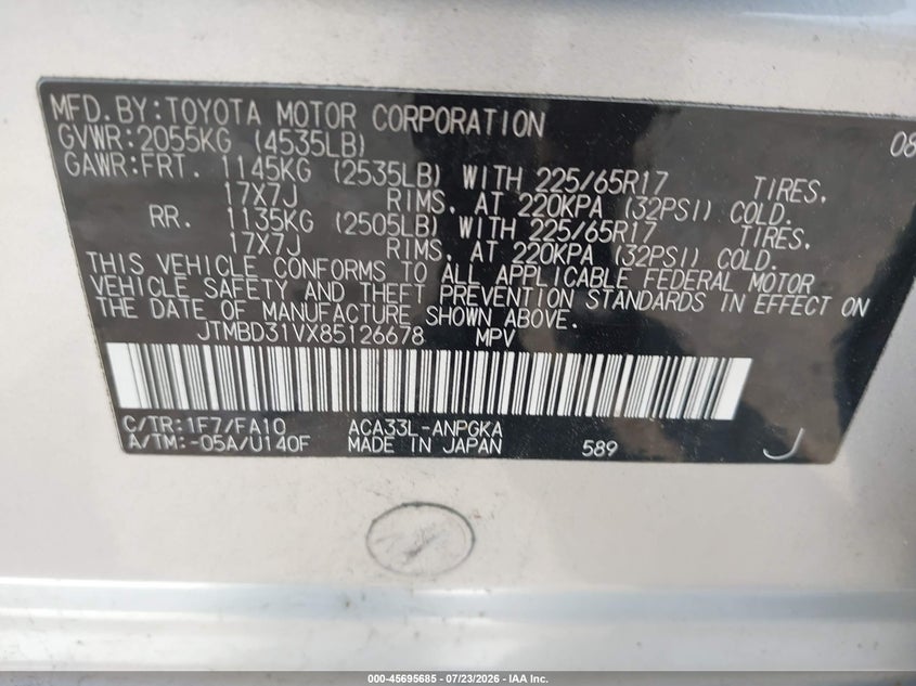 2008 Toyota Rav4 VIN JTMBD31VX85126678 IAAI salvage auction — FRONT END, Clear (Massachusetts), sold $1,300 on 2026-07-31 (photo 9)