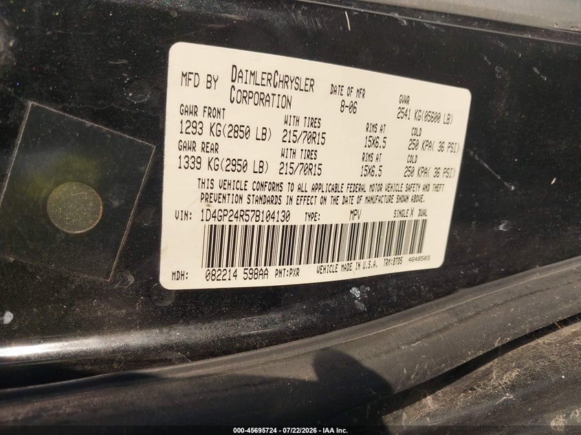 2007 Dodge Grand caravan VIN 1D4GP24R57B104130 IAAI salvage auction — RIGHT SIDE, Original (Texas), sold $1,000 on 2026-08-01 (photo 9)
