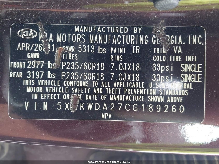 2012 Kia Sorento VIN 5XYKWDA27CG189260 IAAI salvage auction — FRONT END, Mv-907A (New York), sold $625 on 2026-08-02 (photo 9)