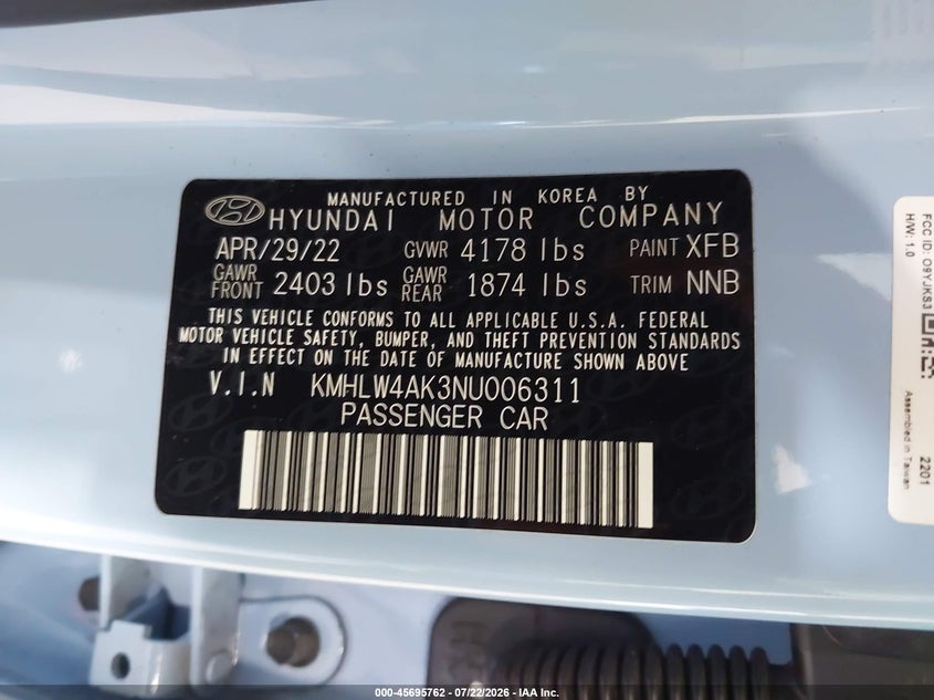 2022 Hyundai Elantra n VIN KMHLW4AK3NU006311 IAAI salvage auction — STORM DAMAGE, Salvage Title, sold $10,900 on 2026-08-16 (photo 9)