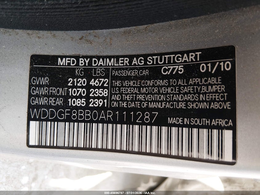 2010 Mercedes-benz C class VIN WDDGF8BB0AR111287 IAAI salvage auction — NORMAL WEAR, Original (Vermont), sold $925 on 2026-08-06 (photo 9)