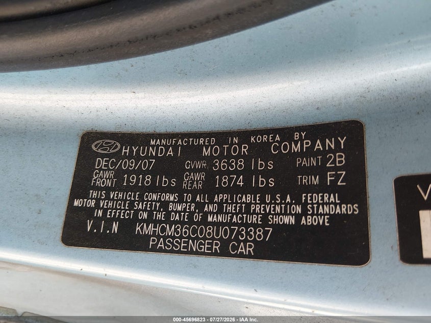 2008 Hyundai Accent VIN KMHCM36C08U073387 IAAI salvage auction — REAR END, Original (Texas), sold $125 on 2026-07-30 (photo 9)