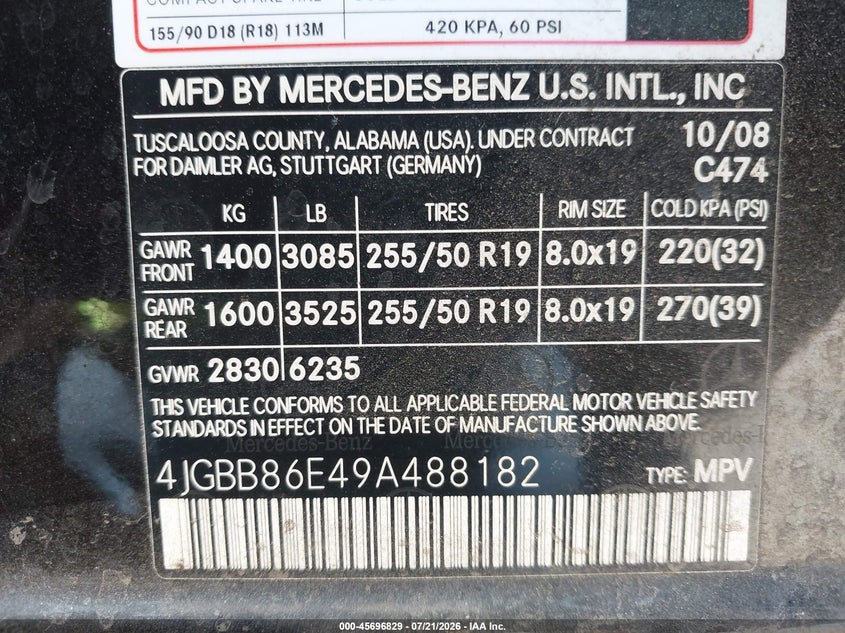 2009 Mercedes-benz Ml-class VIN 4JGBB86E49A488182 IAAI salvage auction — NORMAL WEAR, Clear - Dealer Only (California), sold $725 on 2026-09-01 (photo 9)