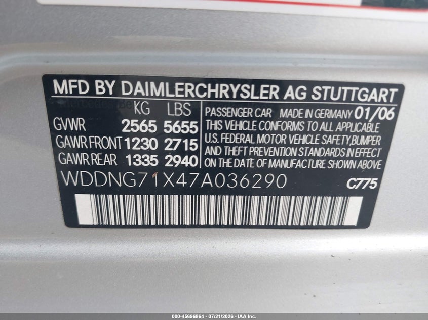 2007 Mercedes-benz S class VIN WDDNG71X47A036290 IAAI salvage auction — LEFT REAR, Clear (New Jersey), sold $800 on 2026-07-31 (photo 9)