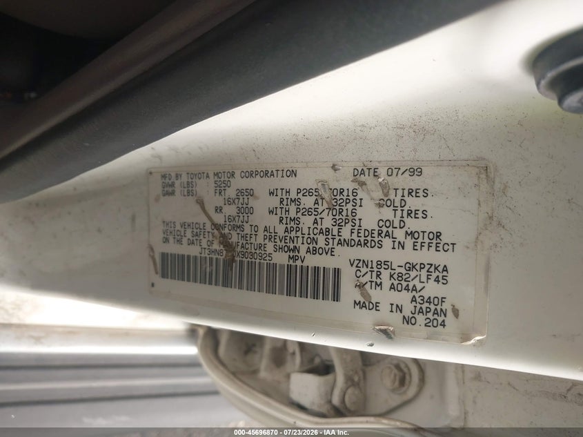 1999 Toyota 4runner VIN JT3HN87R0X9030925 IAAI salvage auction — NORMAL WEAR, Clear (Colorado), sold $1,400 on 2026-07-28 (photo 9)