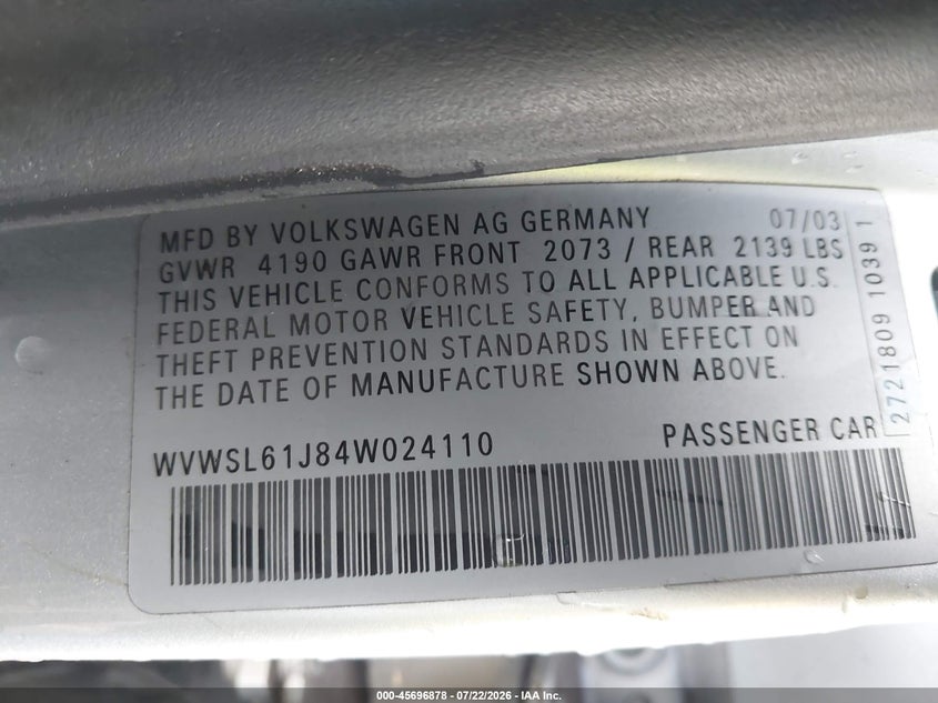 2004 Volkswagen Jetta VIN WVWSL61J84W024110 IAAI salvage auction — REAR END, Salvage (California), sold $300 on 2026-08-03 (photo 9)