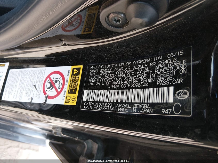 2015 Lexus ES VIN JTHBW1GG1F2098144 IAAI salvage auction — NORMAL WEAR, Clear (Illinois), sold $25 on 2026-07-29 (photo 9)