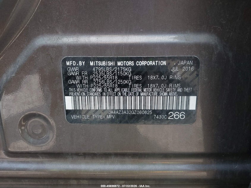 2016 Mitsubishi Outlander VIN JA4AZ3A32GZ060625 IAAI salvage auction — NORMAL WEAR, Clear (Pennsylvania), sold $1,600 on 2026-07-31 (photo 9)
