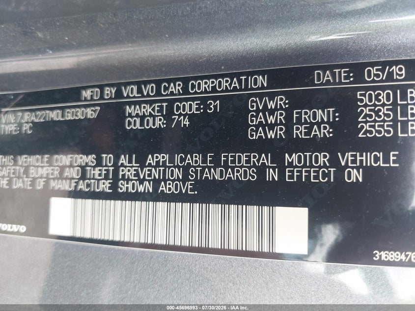 2020 Volvo S60 VIN 7JRA22TM0LG030167 IAAI salvage auction — RIGHT SIDE, Salvage Title, sold $8,150 on 2026-09-07 (photo 9)