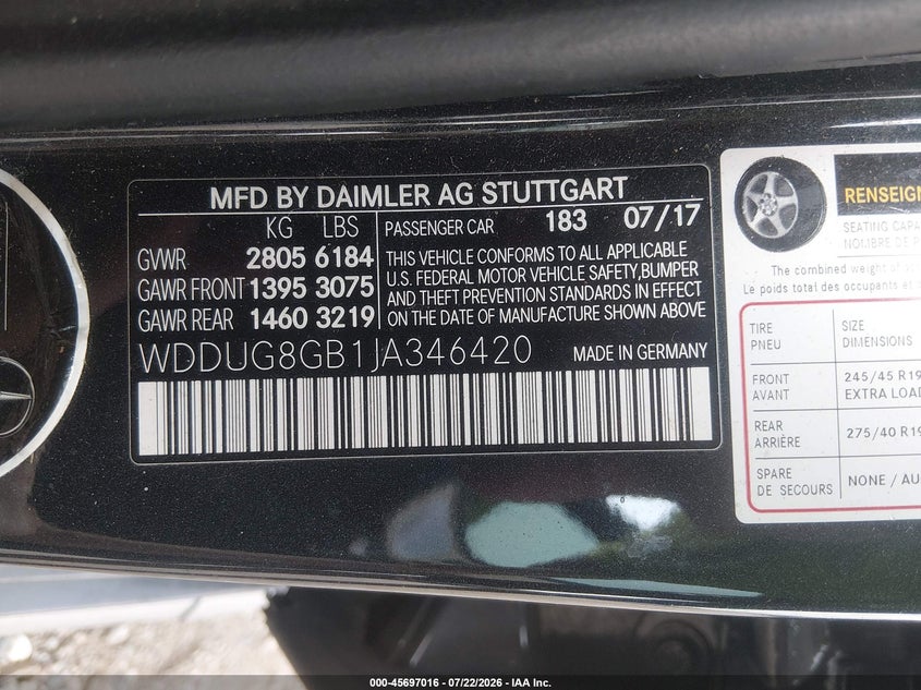 2018 Mercedes-benz S-klasse VIN WDDUG8GB1JA346420 IAAI salvage auction — SIDE, Salvage Title, sold $14,200 on 2026-08-15 (photo 9)
