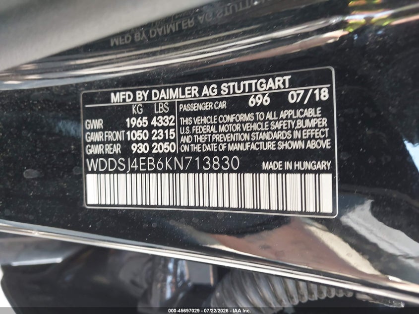2019 Mercedes-benz Cla-klasse VIN WDDSJ4EB6KN713830 IAAI salvage auction — FRONT & REAR, Wait Title, sold $3,650 on 2026-08-20 (photo 9)