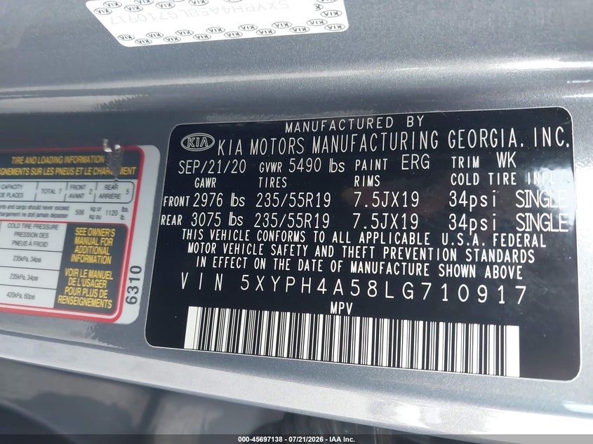 2020 Kia Sorento VIN 5XYPH4A58LG710917 IAAI salvage auction — NORMAL WEAR, Salvage Title, sold $2,150 on 2026-07-28 (photo 9)