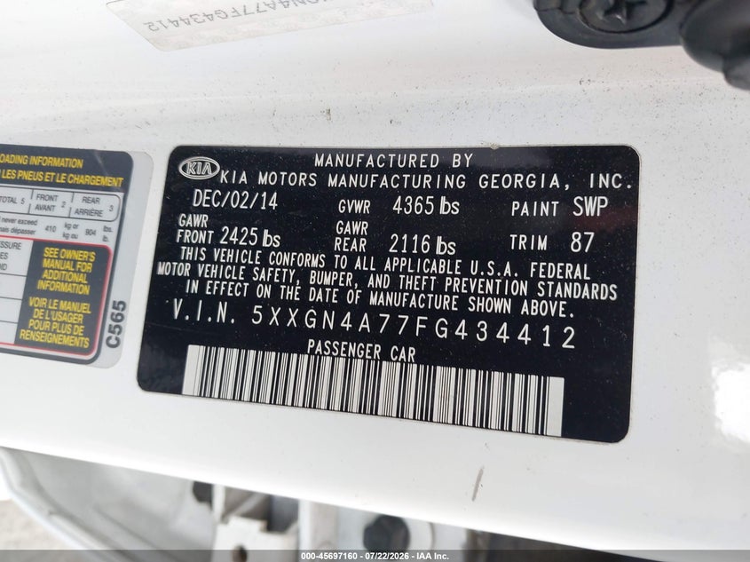 2015 Kia Optima VIN 5XXGN4A77FG434412 IAAI salvage auction — NORMAL WEAR, Salvage Title - Dealer (California), sold $25 on 2026-07-30 (photo 9)