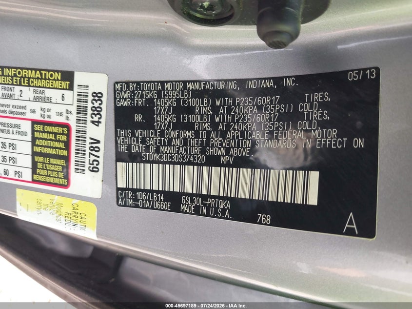 2013 Toyota Sienna VIN 5TDYK3DC3DS374320 IAAI salvage auction — NORMAL WEAR, Clear (Virginia), sold $25 on 2026-07-30 (photo 9)
