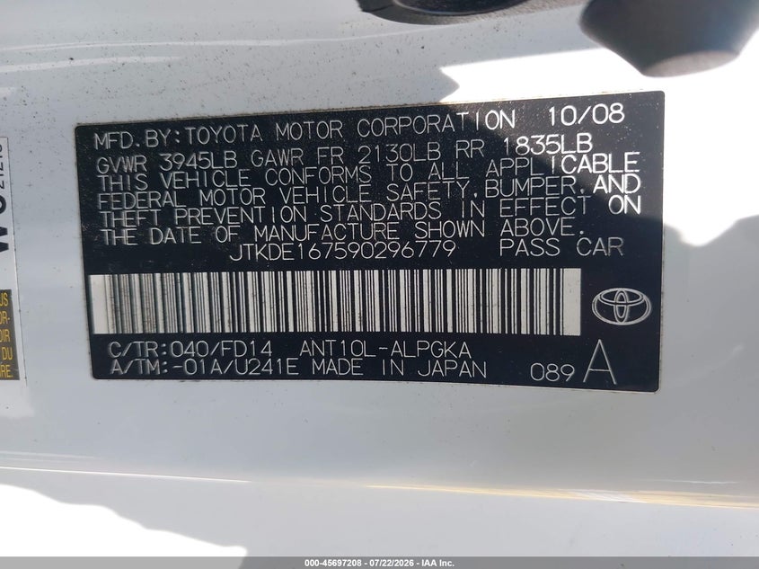 2009 Scion Tc VIN JTKDE167590296779 IAAI salvage auction — FRONT & REAR, Mv-907A (New York), sold $475 on 2026-08-01 (photo 9)